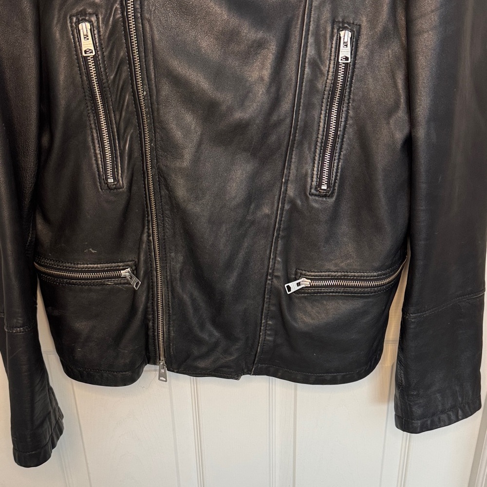All Saints Mens Black Leather Biker Jacket with Quilted Shoulders - Picture 3 of 15